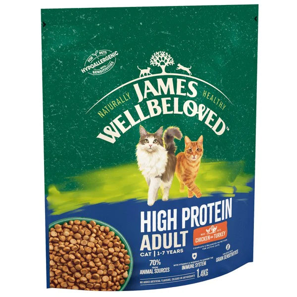 Cat James Wellbeloved Cyw Iâr a Thwrci Protein Uchel Oedolion - 1.4KG