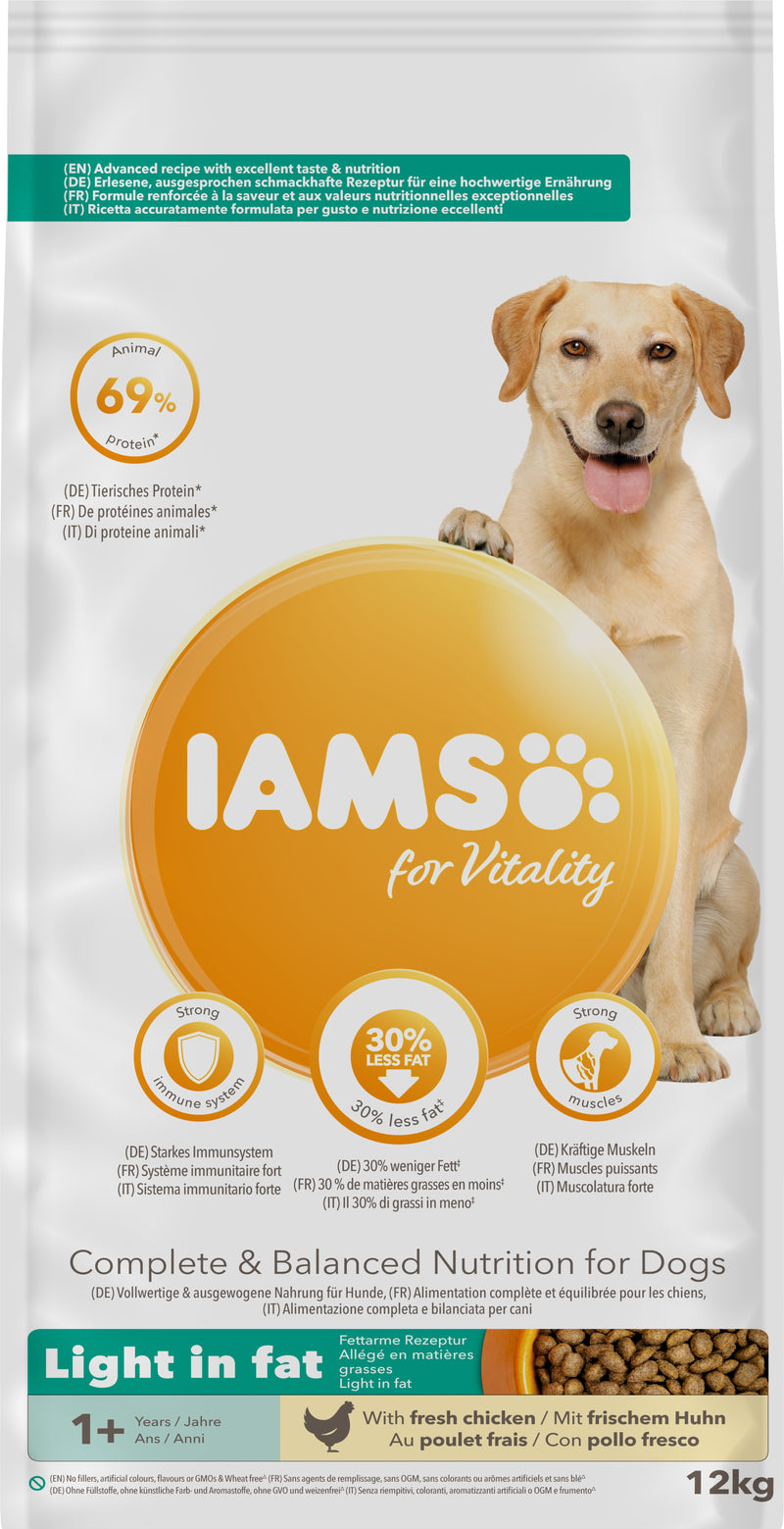 Bywiogrwydd Oedolyn Ci Iams Golau mewn Braster - 12KG