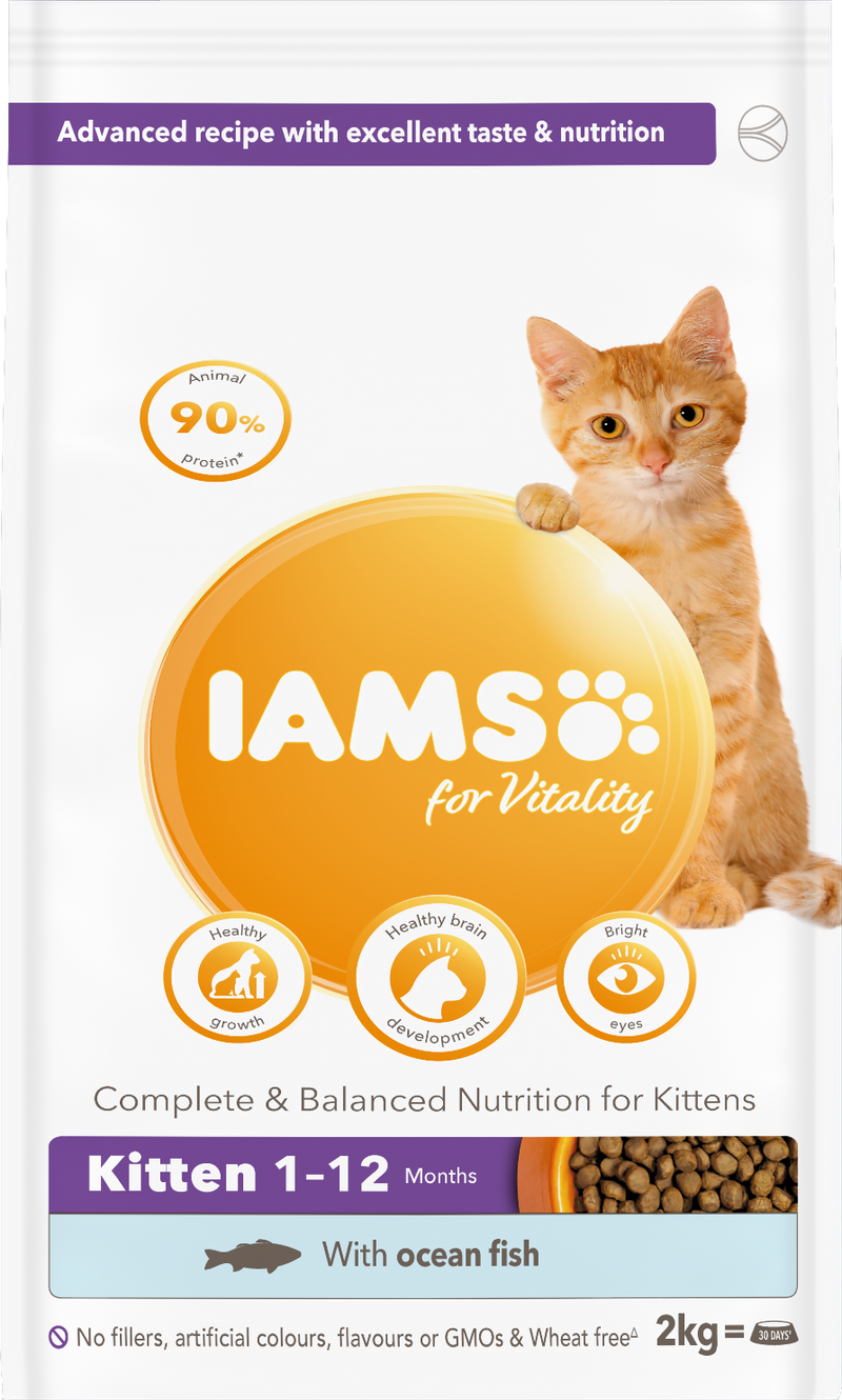 Iams Kitten Bywiogrwydd Pysgod Cefnfor 2x2kg